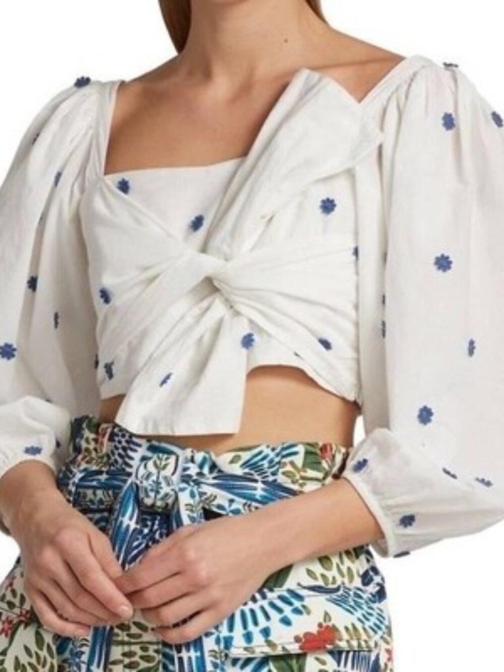 Farm Rio White Balloon Sleeve Top with Blue Floral Embroidery, Sz M